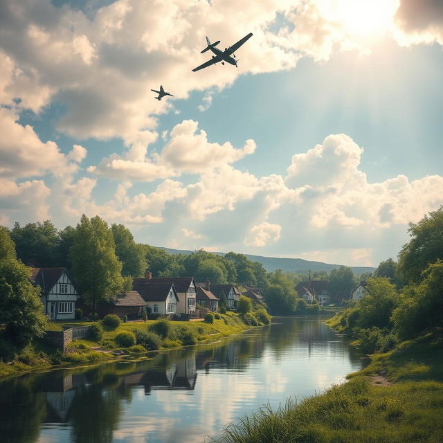 A serene village scene situated in front of a river, with quaint cottages and lush greenery lining the banks, reflecting gently in the water