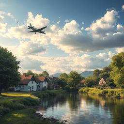 A serene village scene situated in front of a river, with quaint cottages and lush greenery lining the banks, reflecting gently in the water