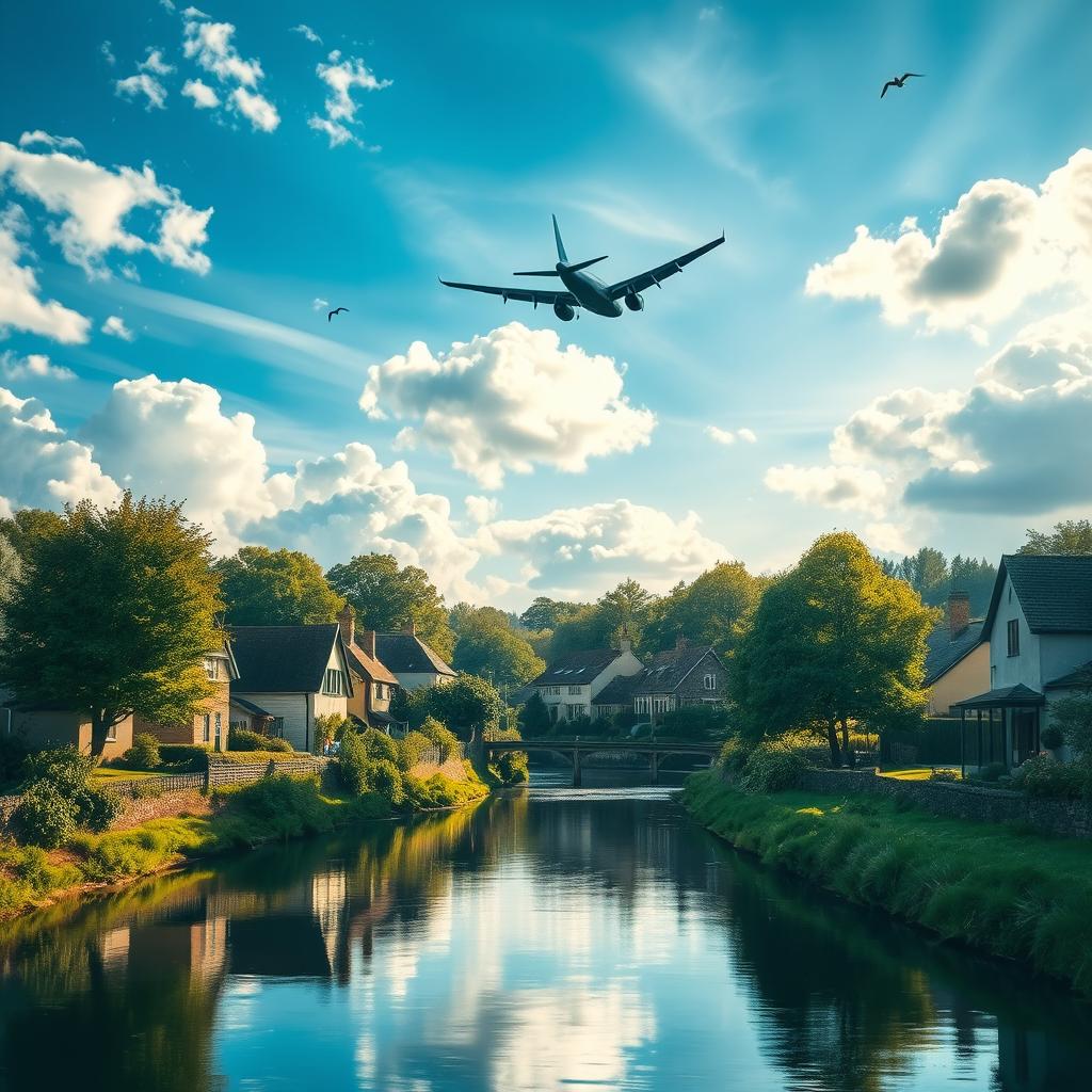 A serene village scene situated in front of a river, with quaint cottages and lush greenery lining the banks, reflecting gently in the water