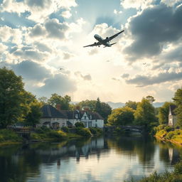 A serene village scene situated in front of a river, with quaint cottages and lush greenery lining the banks, reflecting gently in the water