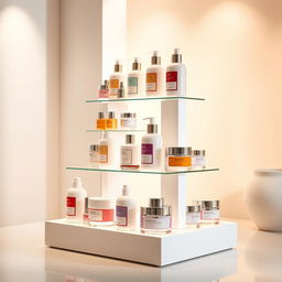 A sleek and modern product stand showcasing various lotions and creams, elegantly arranged on a stylish white freestanding display