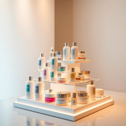 A sleek and modern product stand showcasing various lotions and creams, elegantly arranged on a stylish white freestanding display