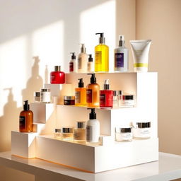 A sleek and modern product stand showcasing various lotions and creams, elegantly arranged on a stylish white freestanding display