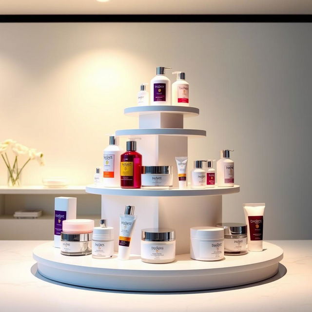 A sleek and modern product stand showcasing various lotions and creams, elegantly arranged on a stylish white freestanding display