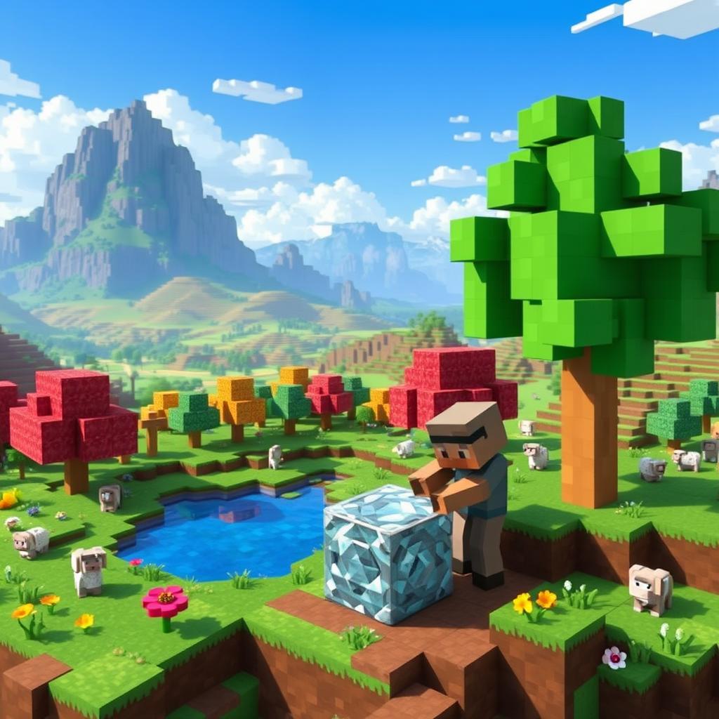 A vibrant, pixelated Minecraft landscape featuring a vast blocky terrain with rolling hills, towering mountains, and a clear blue sky