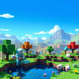 A vibrant, pixelated Minecraft landscape featuring a vast blocky terrain with rolling hills, towering mountains, and a clear blue sky