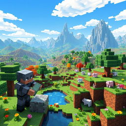 A vibrant, pixelated Minecraft landscape featuring a vast blocky terrain with rolling hills, towering mountains, and a clear blue sky