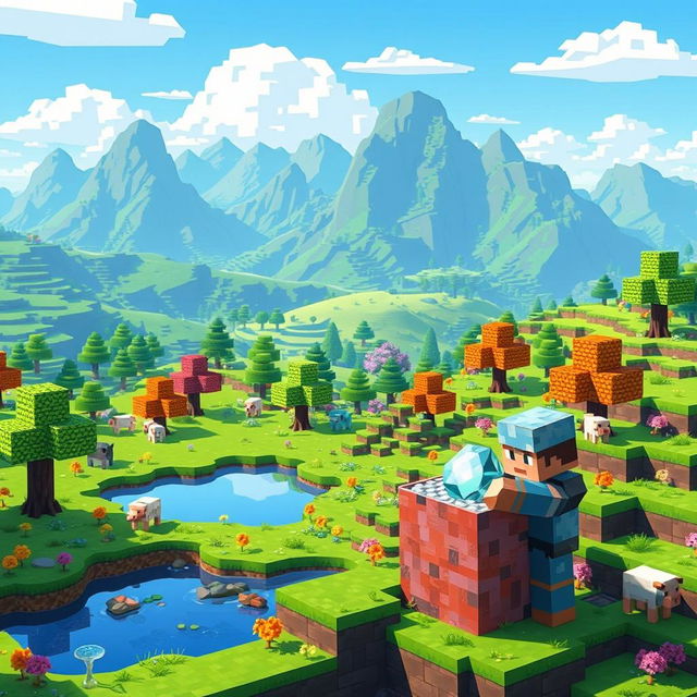 A vibrant, pixelated Minecraft landscape featuring a vast blocky terrain with rolling hills, towering mountains, and a clear blue sky