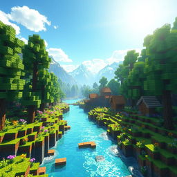 A beautiful, immersive Minecraft landscape featuring a vibrant pixelated world