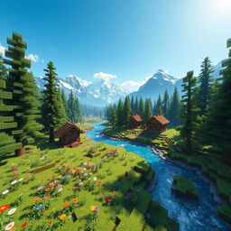 A beautiful, immersive Minecraft landscape featuring a vibrant pixelated world