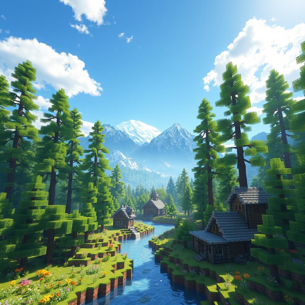 A beautiful, immersive Minecraft landscape featuring a vibrant pixelated world