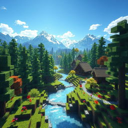 A beautiful, immersive Minecraft landscape featuring a vibrant pixelated world