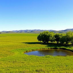 A flat expansive landscape under a clear blue sky, with rolling hills in the distance that gently slope into the horizon