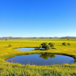 A flat expansive landscape under a clear blue sky, with rolling hills in the distance that gently slope into the horizon