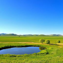 A flat expansive landscape under a clear blue sky, with rolling hills in the distance that gently slope into the horizon