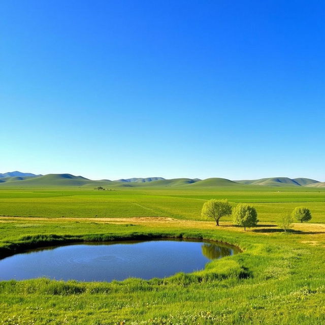 A flat expansive landscape under a clear blue sky, with rolling hills in the distance that gently slope into the horizon