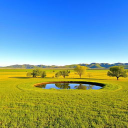 A flat expansive landscape under a clear blue sky, with rolling hills in the distance that gently slope into the horizon