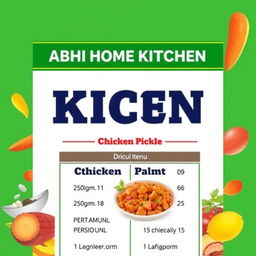 A vibrant and eye-catching poster design featuring the name "ABHI HOME KITCHEN" prominently at the top