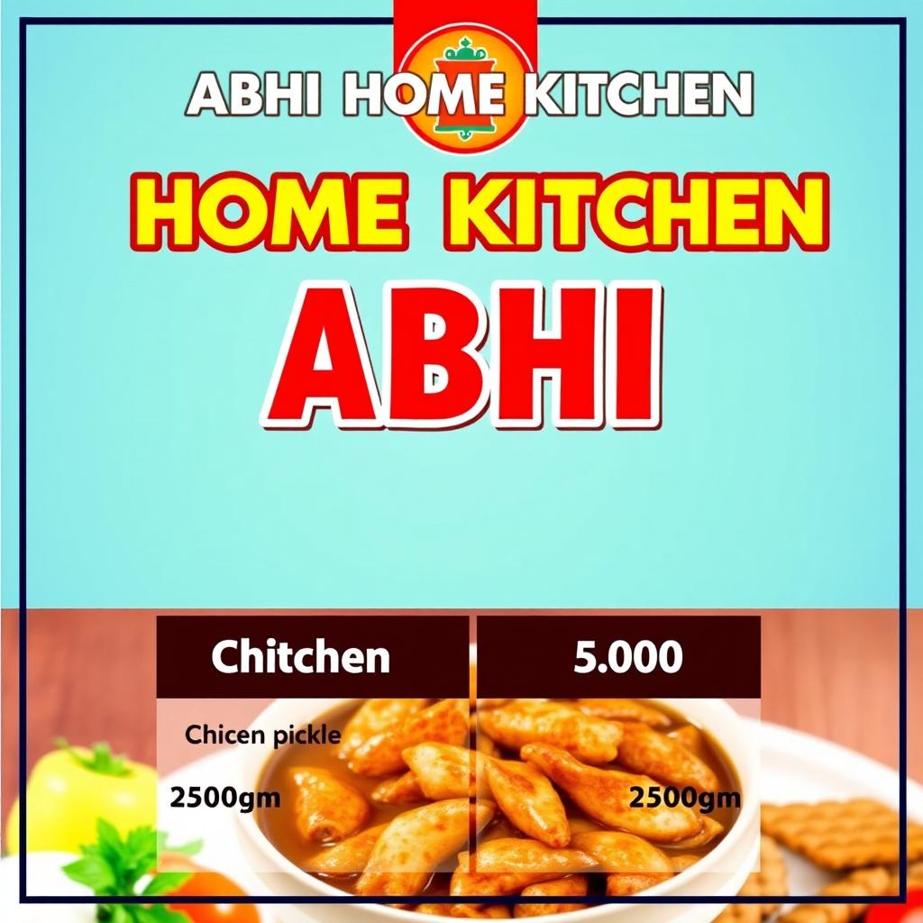 A vibrant and eye-catching poster design featuring the name "ABHI HOME KITCHEN" prominently at the top