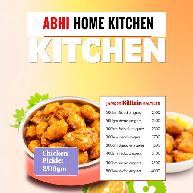 A vibrant and eye-catching poster design featuring the name "ABHI HOME KITCHEN" prominently at the top