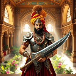 A regal Hindu Rajput warrior, adorned in traditional armor and a colorful turban, stands proudly in a magnificent Hindu castle