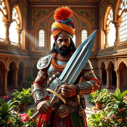 A regal Hindu Rajput warrior, adorned in traditional armor and a colorful turban, stands proudly in a magnificent Hindu castle