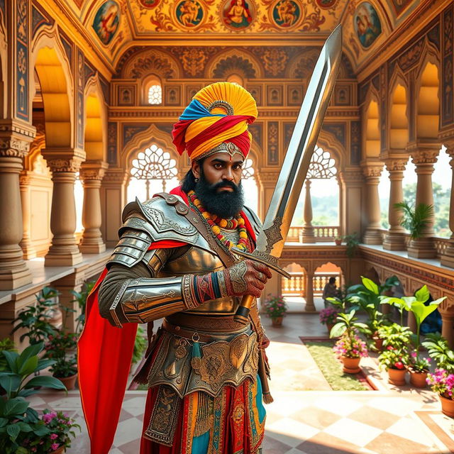 A regal Hindu Rajput warrior, adorned in traditional armor and a colorful turban, stands proudly in a magnificent Hindu castle