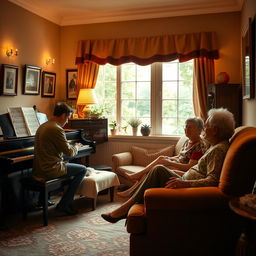 A cozy room with warm lighting, featuring a grand piano where a musician passionately plays beautiful melodies
