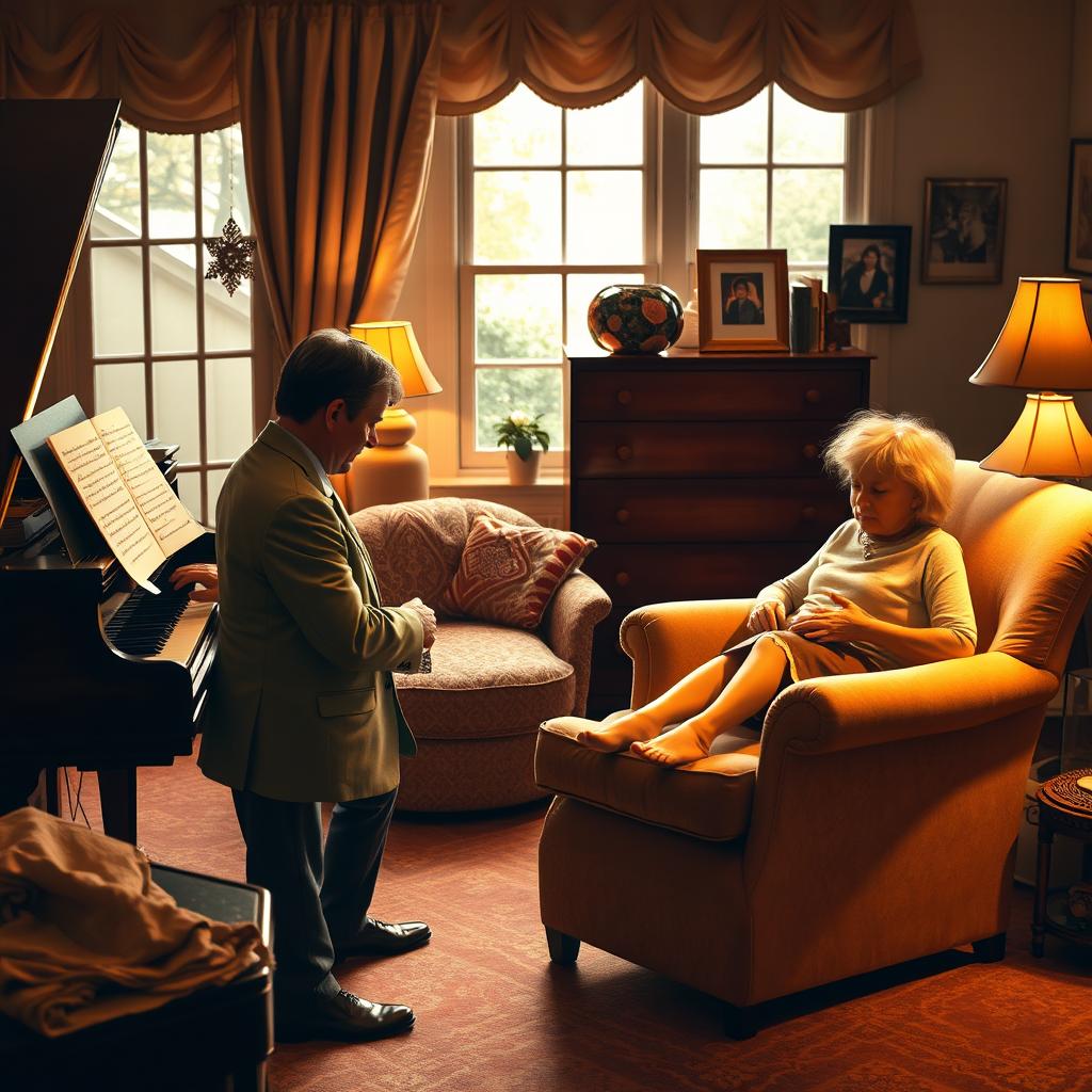 A cozy room with warm lighting, featuring a grand piano where a musician passionately plays beautiful melodies