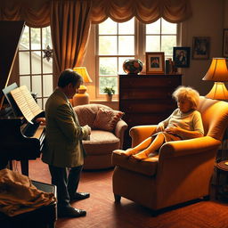 A cozy room with warm lighting, featuring a grand piano where a musician passionately plays beautiful melodies