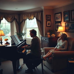 A cozy room with warm lighting, featuring a grand piano where a musician passionately plays beautiful melodies