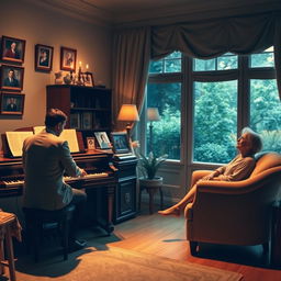 A cozy room with warm lighting, featuring a grand piano where a musician passionately plays beautiful melodies
