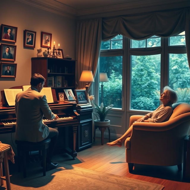 A cozy room with warm lighting, featuring a grand piano where a musician passionately plays beautiful melodies