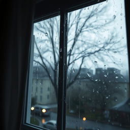 A cinematic shot of a rainy day viewed from inside a cozy room