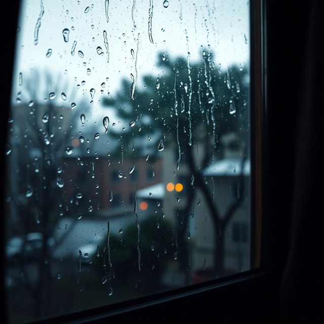 A cinematic shot of a rainy day viewed from inside a cozy room