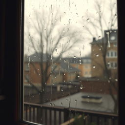 A cinematic shot of a rainy day viewed from inside a cozy room