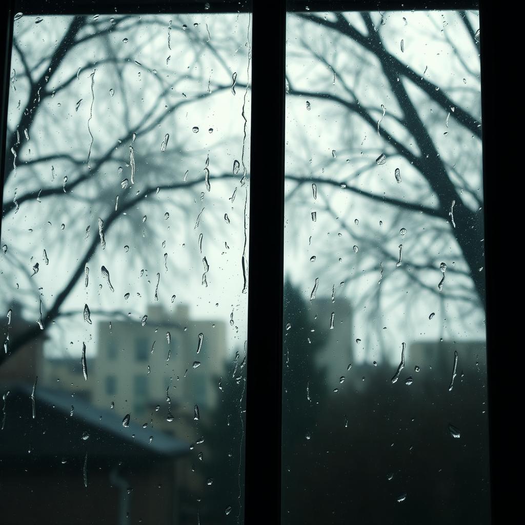 A cinematic shot of a rainy day viewed from inside a cozy room