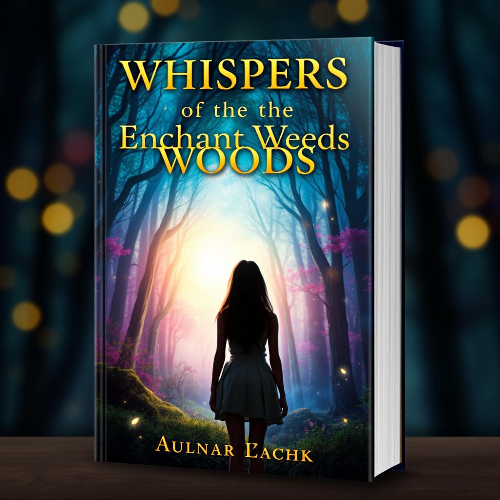 A captivating book cover design featuring a mystical forest with vibrant colors, scattered with glowing fireflies