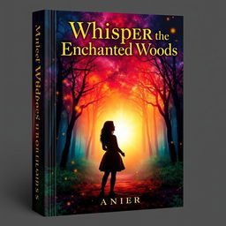 A captivating book cover design featuring a mystical forest with vibrant colors, scattered with glowing fireflies