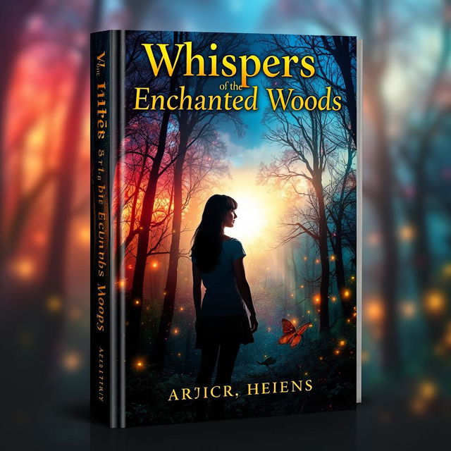 A captivating book cover design featuring a mystical forest with vibrant colors, scattered with glowing fireflies