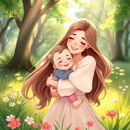A beautiful artistic illustration of a loving mother and child embracing each other warmly