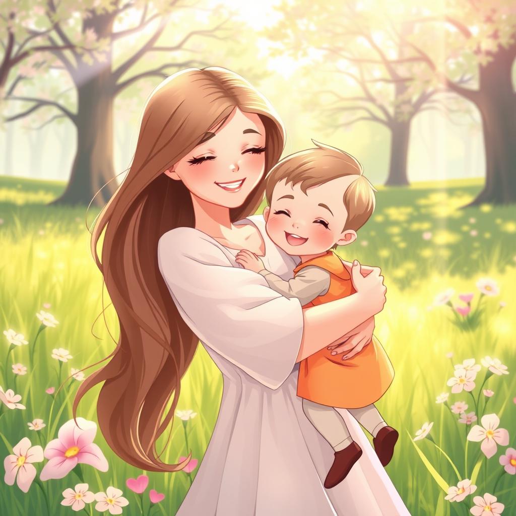A beautiful artistic illustration of a loving mother and child embracing each other warmly