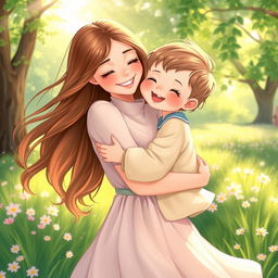 A beautiful artistic illustration of a loving mother and child embracing each other warmly