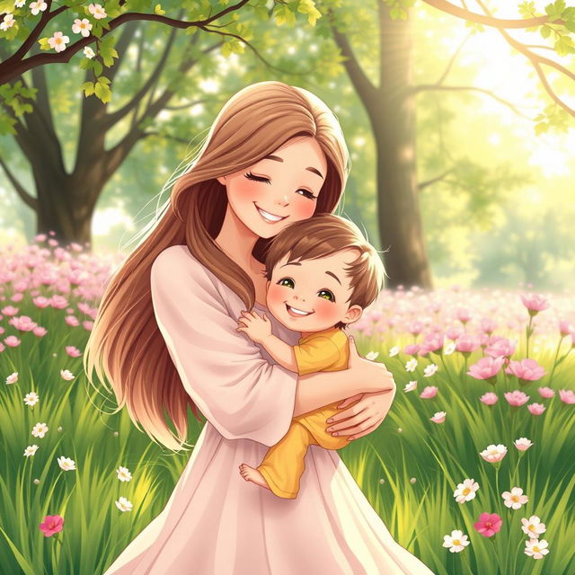 A beautiful artistic illustration of a loving mother and child embracing each other warmly