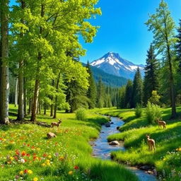 A peaceful natural scene featuring a vibrant green forest with tall, lush trees and a carpet of multicolored wildflowers in bloom