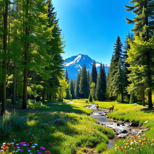 A peaceful natural scene featuring a vibrant green forest with tall, lush trees and a carpet of multicolored wildflowers in bloom