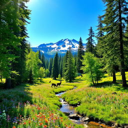 A peaceful natural scene featuring a vibrant green forest with tall, lush trees and a carpet of multicolored wildflowers in bloom