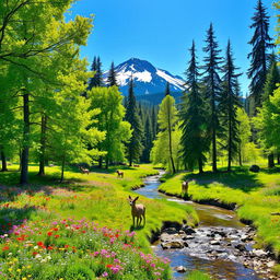 A peaceful natural scene featuring a vibrant green forest with tall, lush trees and a carpet of multicolored wildflowers in bloom