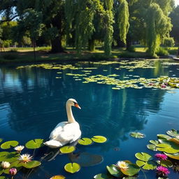 A serene scene of a graceful swan gliding on a peaceful pond, surrounded by vibrant green lily pads and delicate flowers
