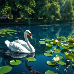 A serene scene of a graceful swan gliding on a peaceful pond, surrounded by vibrant green lily pads and delicate flowers